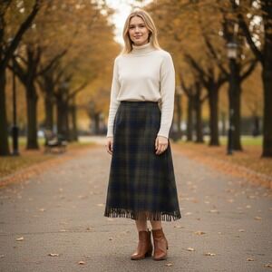 Worthington Petite Plaid Skirt Women 12P Green Blue Wool Blend Fringe Academic